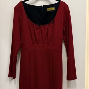 Nicole Miller Elegant Ruched Neckline Long Sleeve Red Dress